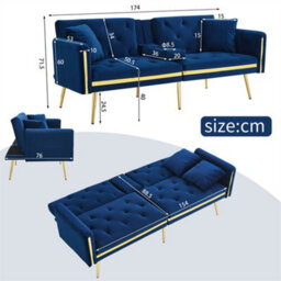Abrihome Two-Seater Sofa Bed With Adjustable Backrest, Gold Accents & Built-In Cup Holders, Space-Saving Convertible, Blue - thumbnail 9