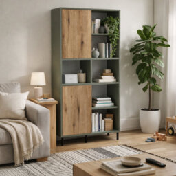 Wyld Haus Spentrup Green Olive And Natural Oak 2-Door Wood Bookcase
