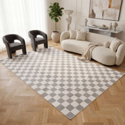 The Rugs Loft Light Grey And Ivory Checkerboard Living Room Area Rug And Runners Soft Pile - thumbnail 3