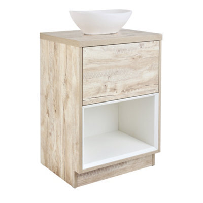 Homestylestore Light Oak 600mm Led Lit Bathroom Vanity Unit Oval Chalk Countertop Basin Open Shelf - image 1