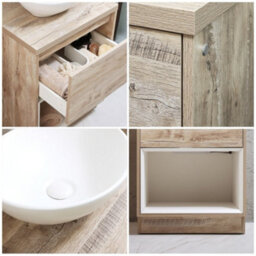Homestylestore Light Oak 600mm Led Lit Bathroom Vanity Unit Oval Chalk Countertop Basin Open Shelf - thumbnail 2