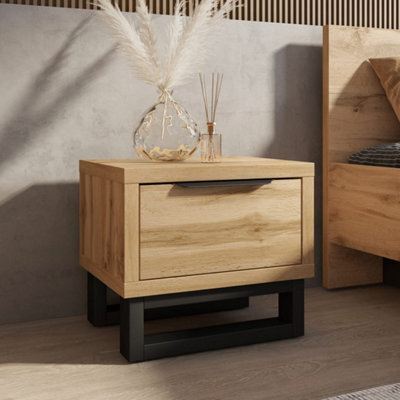 Arte Halle Bedside Table 55Cm Oak Wotan & Black, Modern Bedroom Nightstand With Drawer & Black Handle - image 1