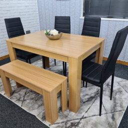 Kosy Koala Modern Oak Effect Dining Table Set With 4 Black Chairs And Bench Dining Room Furniture - thumbnail 2