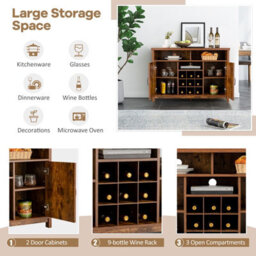 Gainoom Brown Buffet Storage Cabinet Coffee Farmhouse Sideboard W/ 9-Bottle Wine Rack - thumbnail 7