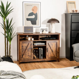 Gainoom Brown Buffet Storage Cabinet Coffee Farmhouse Sideboard W/ 9-Bottle Wine Rack - thumbnail 3
