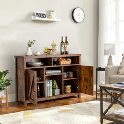 Gainoom Brown Buffet Storage Cabinet Coffee Farmhouse Sideboard W/ 9-Bottle Wine Rack
