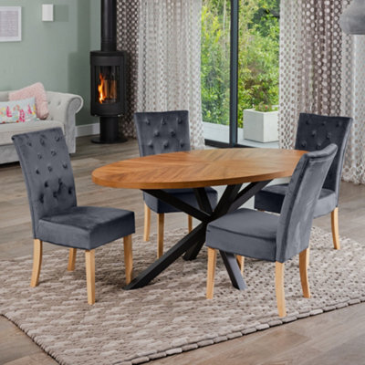 Dosenna Oval Dining Table Set With 4 Pienza Velvet Chairs - Grey - image 1
