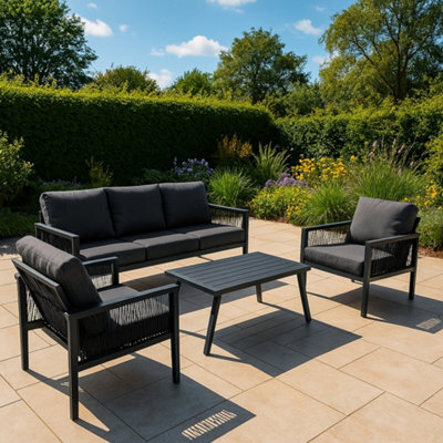 MonsterShop Garden Aluminium 5 Seat Furniture Sofa Set Rattan Alternative Anthracite Grey 4 Piece - image 1