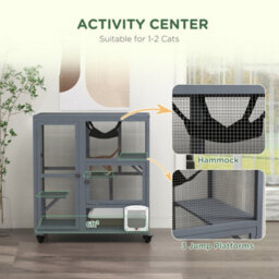 Pawhut Indoor Catio Cat House On Wheels With Platforms, Hammock - thumbnail 4
