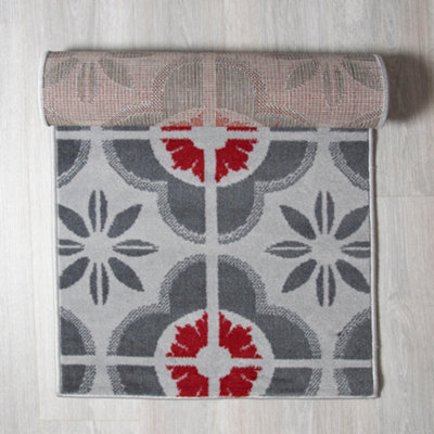 Bravich Hard Wearing Hessian Backed Stair Runner Kitchen Mat - Texas Red & Grey Floral - 60X150Cm (2'x5') - image 1