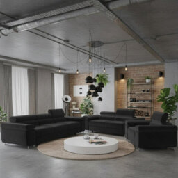 Torezio 3 2 1 Living Room Sofa Set Chipboard Frame Hr Foam Wave Springs Fixed Backs Adjustable Headrests Black - thumbnail 2