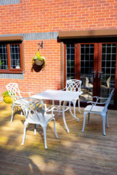 Sh&g Chirk 4 Seat Dining Table Set - 5 Piece Square Table & Chairs - White Aluminium With Cream Cushions - Indoor & Outdoor - thumbnail 2