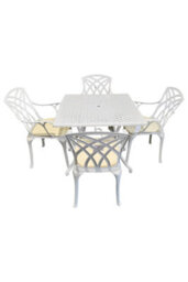 Sh&g Chirk 4 Seat Dining Table Set - 5 Piece Square Table & Chairs - White Aluminium With Cream Cushions - Indoor & Outdoor - thumbnail 1