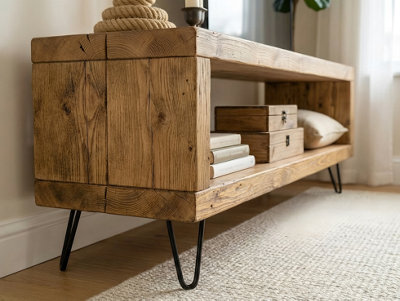 L90Xw44 Shelf 22Cm Solid Wood Chunky Tv Unit With 7 Inch Metal Legs - image 1