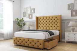 "Sloomy Luthor Mustard Plush Divan Bed Base No Drawers-54"" Wingback Headboard & 12"" Footboard 4' Small Double" - thumbnail 4