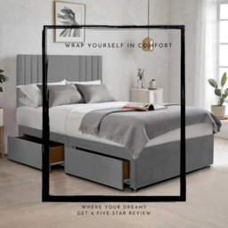 Grey Plush Sawana 5Ft King Size Bed With 20 Inch Headboard With Mattress And 2Drawers - thumbnail 3