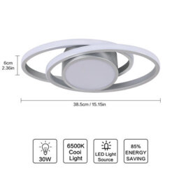 Pheashine Silver Aluminium Double Ring Led Flush Mount Ceiling Light 39W Cool White 6500K For Living Room,kitchen,bedroom,hallway - thumbnail 3