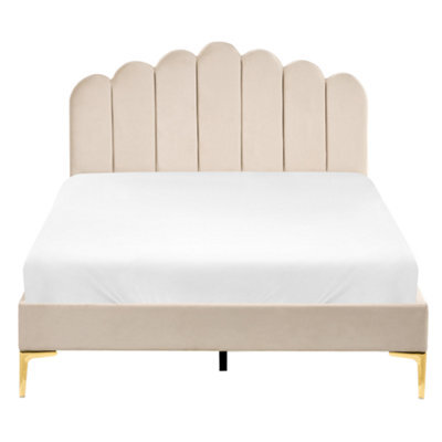 Wyld And Coco Eu Velvet Small Double Bed Beige With Metal Legs And Adjustable Headboard - image 1