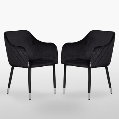 Life Interiors Set Of 2 Black Verona Velvet Dining Chairs With Quilted Back & Black Legs - Modern Accent Chair With Silver Foot Tips - image 1