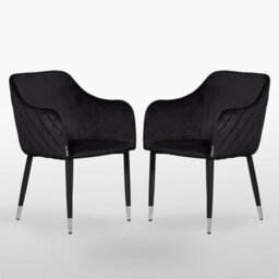 Life Interiors Set Of 2 Black Verona Velvet Dining Chairs With Quilted Back & Black Legs - Modern Accent Chair With Silver Foot Tips
