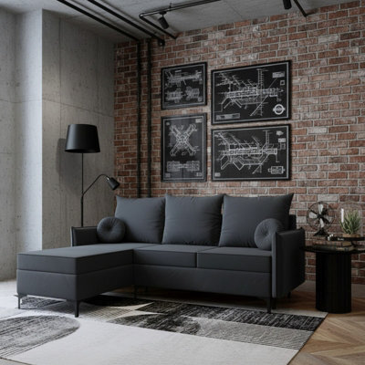 Leon L Mdf Upholstered Corner Sofa Bed With Dl Mechanism Bonell Spring Metal Legs Storage 213X168X101Cm Dark Grey Left - image 1