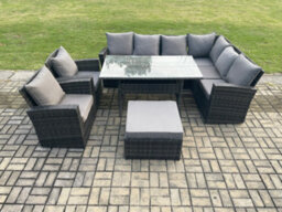 Fimous Garden Rattan Furniture Corner Sofa Dining Table Chairs Set With Big Footstool 2 Armchairs Indoor Outdoor Lounge Sofa Set - thumbnail 2