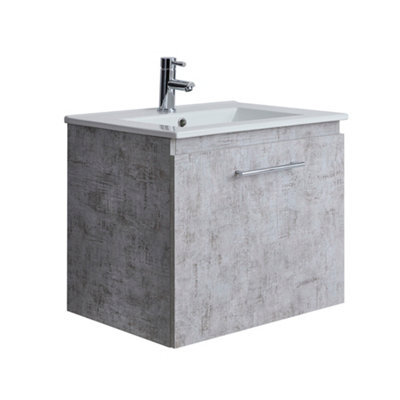 Homestylestore 600mm Concrete Grey Wall Hung Bathroom Vanity Unit And Chrome T Bar Handle - image 1