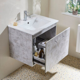 Homestylestore 600mm Concrete Grey Wall Hung Bathroom Vanity Unit And Chrome T Bar Handle - thumbnail 3