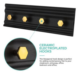 Livivo Wall Mounted Floating Coat Rack - Modern, Sleek, Space-Saving Clothes Hanger With 4 Hooks - Black & Gold - thumbnail 6