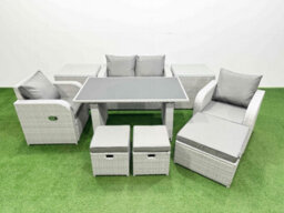Fimous Outdoor Rattan Garden Furniture Dining Set 7-Seater  Reclining Chair Set With 2 Side Tables 3 Stools - thumbnail 2