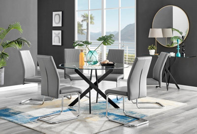 Furniturebox Uk Novara Black Leg 120Cm Round Glass Dining Table & 6 Grey Lorenzo Chairs - image 1