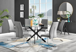Furniturebox Uk Novara Black Leg 120Cm Round Glass Dining Table & 6 Grey Lorenzo Chairs - thumbnail 1