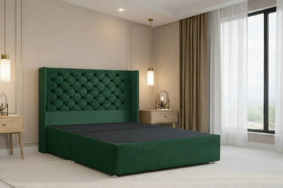 "Nexus Windsor Emerald Plush Divan Bed Base No Drawers With 54"" Floor Standing Winged Headboard 4'6 Double" - image 1