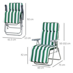 Outsunny Set Of 2 Folding Sun Lounger Recliner Chairs Daybed Cushion Green White - thumbnail 3