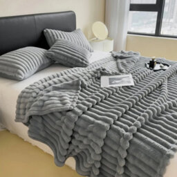Thehotsale Luxurious Exquisite Flannel Imitation Rabbit Fur Solid Warm Reversible Fluffy Striped Throw Blanket Grey 200Cm W X 180Cm D - thumbnail 1