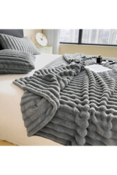 Thehotsale Luxurious Exquisite Flannel Imitation Rabbit Fur Solid Warm Reversible Fluffy Striped Throw Blanket Grey 200Cm W X 180Cm D - thumbnail 3