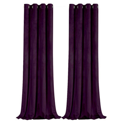 Happy Homewares Plum Purple Velvet Blackout Eyelet Curtains - 46X54 Inch Drop - Pair