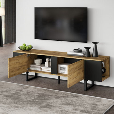 Btm Tv Stand 180 X 40 X 55 Cm For Up To 75 Inch Tv, Tv Cabinet With 2 Cupboards And Open Shelves, Oak And Black - image 1