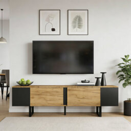 Btm Tv Stand 180 X 40 X 55 Cm For Up To 75 Inch Tv, Tv Cabinet With 2 Cupboards And Open Shelves, Oak And Black - thumbnail 2