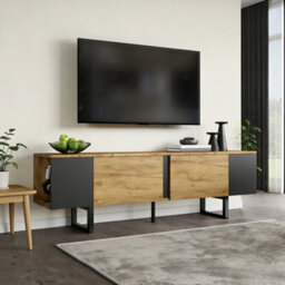 Btm Tv Stand 180 X 40 X 55 Cm For Up To 75 Inch Tv, Tv Cabinet With 2 Cupboards And Open Shelves, Oak And Black - thumbnail 3