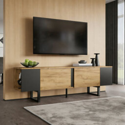 Btm Tv Stand 180 X 40 X 55 Cm For Up To 75 Inch Tv, Tv Cabinet With 2 Cupboards And Open Shelves, Oak And Black - thumbnail 4