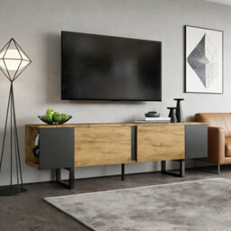 Btm Tv Stand 180 X 40 X 55 Cm For Up To 75 Inch Tv, Tv Cabinet With 2 Cupboards And Open Shelves, Oak And Black - thumbnail 5