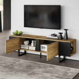 Btm Tv Stand 180 X 40 X 55 Cm For Up To 75 Inch Tv, Tv Cabinet With 2 Cupboards And Open Shelves, Oak And Black - thumbnail 1