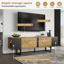 Btm Tv Stand 180 X 40 X 55 Cm For Up To 75 Inch Tv, Tv Cabinet With 2 Cupboards And Open Shelves, Oak And Black - thumbnail 8