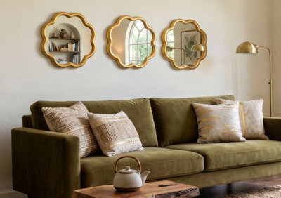 DEENZ Pack Of 3 Gold Wavy Shape Round Wall Hanging Mirror Plastic Framed Home Décoration Gift Idea Large Display 25Cm Diameters.