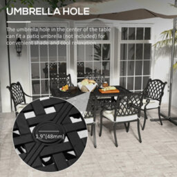 Outsunny 7-Pc Cast Aluminium Patio Dining Set W/ Umbrella Hole & Cushion, Black - thumbnail 5