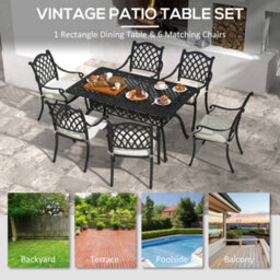 Outsunny 7-Pc Cast Aluminium Patio Dining Set W/ Umbrella Hole & Cushion, Black - thumbnail 6