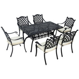 Outsunny 7-Pc Cast Aluminium Patio Dining Set W/ Umbrella Hole & Cushion, Black - thumbnail 2