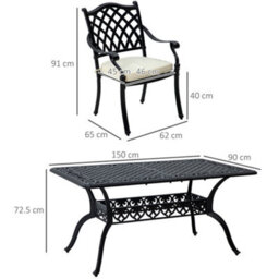 Outsunny 7-Pc Cast Aluminium Patio Dining Set W/ Umbrella Hole & Cushion, Black - thumbnail 3