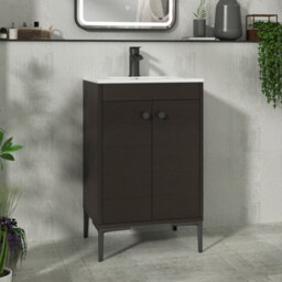 Royal Bathrooms Verona 500mm Walnut Woodgrain Floor Standing Bathroom Vanity Unit 2 Door With Minimalist Basin & Matt Black Knob
